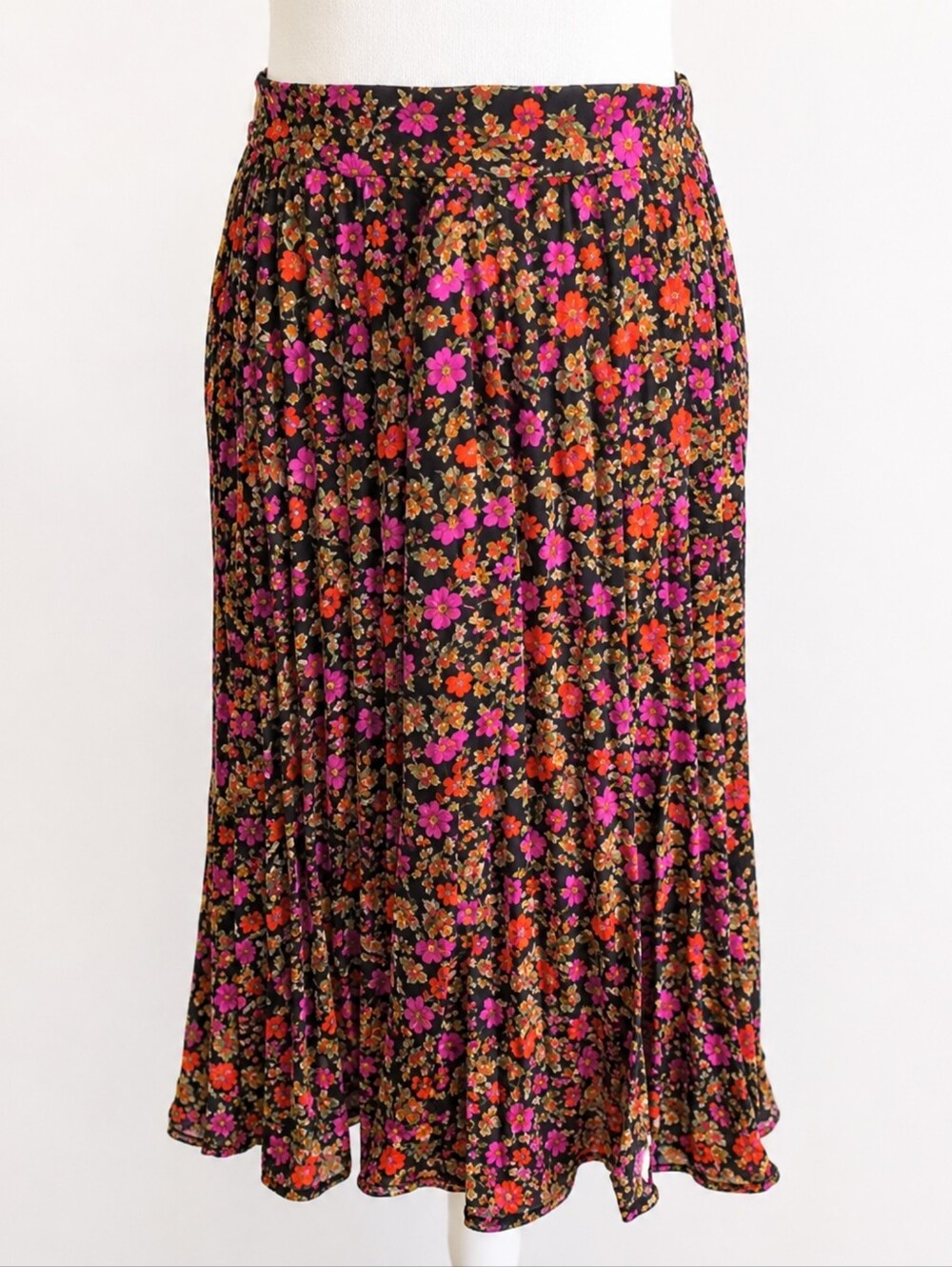Skies Are Blue Anthropologie Pleated Black Pink Red Gold Floral Midi Skirt XSP